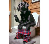 Labrador noir assis sur les toilettes avec impression de téléphone portable - Labrador rouge avec téléphone portable - Image amusante d'animal de chien - Panneau d'art mural pour salle de bain
