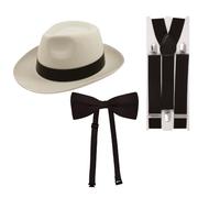 labreeze Chapeau de gangster blanc, nœud papillon noir et bretelles noires - Accessoires de costume classiques des années 1920 pour homme et femme - Déguisement des années folles, fêtes à thème Gatsby
