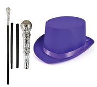 labreeze Chapeau haut-de-forme en satin violet avec canne argentée Willy Wonka