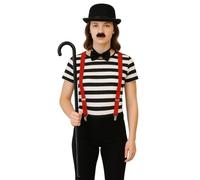 labreeze Charlie Chaplin Ensemble d'accessoires de costume - Chapeau melon, nœud papillon noir, bretelles rouges, bâton de canne et moustache - Kit de déguisement comédie des années 1920 pour adultes
