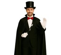 labreeze Costume de magicien professionnel - Cape noire en satin, chapeau haut de forme classique, gants blancs, nœud papillon rouge et baguette magique - Tenue unisexe de scène et d'Halloween