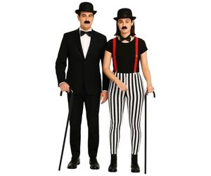 labreeze Déguisement de couple inspiré de Charlie Chaplin - 2 chapeaux melons, 2 nœuds papillon, bretelles rouges, 2 bâtons de canne et 2 moustaches - Kit de costume de comédie classique pour adultes