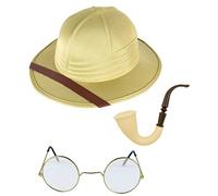 labreeze Déguisement Explorateur Safari Pith pour adultes, chapeau avec monture ronde, lunettes et fausse pipe à fumer - Déguisement d'aventurier, chasseur et voyageur