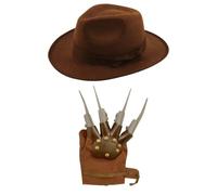 labreeze Ensemble chapeau d'explorateur et gant griffe marron style Freddy Krueger unisexe pour Halloween, costume d'aventure, gants effrayants et chapeau d'explorateur pour garçons et filles