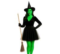 labreeze Ensemble d'accessoires de costume de sorcière noire - Chapeau pointu, bâton à balai en bois, jupe tutu noire à 3 couches, kit de maquillage et longs gants en satin - Déguisement d'Halloween