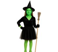 labreeze Ensemble d'accessoires de costume de sorcière pour fille - Chapeau pointu, bâton à balai en bois, jupe tutu noire à 3 couches, gants courts et kit de maquillage - Déguisement d'Halloween pour