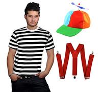 labreeze Ensemble de costume pour homme Alice au pays des merveilles Tweedle Dee & Dum T-shirt rayé, chapeau d'hélicoptère et bretelles rouges pour déguisement de la semaine du livre (XL)