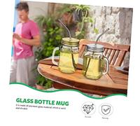LABRIMP 4 Pièces Mugs Verre avec Couvercle Anse et Paille Bocaux Larges Réutilisables Tasses à Boire Transparentes avec Couvercles Doré et Argenté Pailles Inox pour Eau Jus Lait
