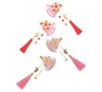 LABRIMP 4pcs Pince à Cheveux Éventail Japonaise Vintage en Alliage de Zinc et Bois avec Pompon Fleuri et Clochette, Design Polyvalent pour Fête ou Usage Quotidien