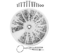 LABRIMP Kit de Réparation de Lunettes Vis en Acier Inoxydable, Tournevis Plat et Boîte Ronde Plastique Argentée, 12 Compartiments pour Montres et Téléphones