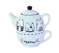 LABRIMP Set Théière Céramique Avec Tasse Motif Chat Mignon Ensemble Vaisselle Complet Pour Cérémonie De Thé Et Décoration Maison Facile à Nettoyer Et Compatible Dégustation Lente