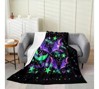 LaBuyGVT Couverture polaire Halloween chauve-souris en peluche Happy Halloween Neon Boho Moon Fuzzy Violet Vert