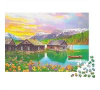 Lac Cabane Montagne Puzzle 1000 Pièces pour Adultes Cabanes au Bord d'un Lac sous Un Ciel de Coucher de Soleil Vibrant Premium Robuste Haute Qualité Vibrant Défiant Difficile Cadeau 52x38cm/1000pcs