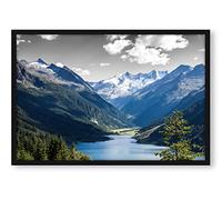 Lac calme dans un paysage de montagne, poster dans un cadre photo, format : 100 x 70 cm, impression d'art encadrée