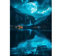 Lac Diamond Painting Adulte, Lune Diamond Painting, DIY Round Rhinestone Crystal Point de Croix complet kit, 5D Mosaic Art Kit Pour Enfant et débutants, Murale Décoration Maison 35x45cm 0U-64