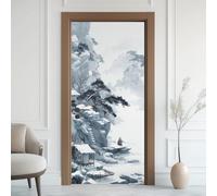 Lac Étang Effet 3D Sticker Porte, Pêche Pacifique Zen Papier Autocollant Porte Mural Décoration, Paysage Chinois Stickers Muraux Amovible PVC 95x215 cm