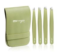 LAC FOR YOU Kit de 4 Pinces à Épiler Professionnelles pour Sourcils - Pince a Epiler Haute Précision - Acier Inoxydable - Pointue, Inclinée, Plate - Avec Étui de Rangement - Vert