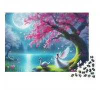 Lac Lune Difficile 1000 pièces Puzzle soirée Jeu Familial, Cygne et fée sous la Lune avec cerisiers en Fleurs, épais Robuste Haute qualité Vibrant Difficile Anti-Stress 70x50cm/1000pcs