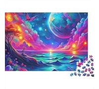 Lac Lune Difficile 1000 pièces Puzzle soirée Jeu Familial, Planète océan colorée avec Coucher de Soleil et Fleurs, épais Robuste Haute qualité Vibrant Difficile Anti-Stress 38x26cm/1000pcs