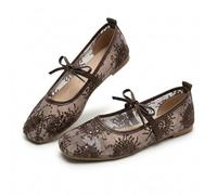 Lace Ballet Flats for Women, Summer Square Toe Mesh Bow Knot, Lightweight Breathable Slip on Shoes, Comfortable Casual Party Flats, Sheer Floral Mary Jane Ballerina. (Coffee Floral,42)