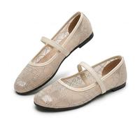 Lace Ballet Flats for Women, Summer Square Toe Mesh Bow Knot, Lightweight Breathable Slip on Shoes, Comfortable Casual Party Flats, Sheer Floral Mary Jane Ballerina. (Beige Rhinestone,37)
