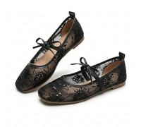 Lace Ballet Flats for Women, Summer Square Toe Mesh Bow Knot, Lightweight Breathable Slip on Shoes, Comfortable Casual Party Flats, Sheer Floral Mary Jane Ballerina. (Black Floral,36)