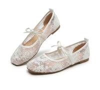 Lace Ballet Flats for Women, Summer Square Toe Mesh Bow Knot, Lightweight Breathable Slip on Shoes, Comfortable Casual Party Flats, Sheer Floral Mary Jane Ballerina. (White Floral,40)