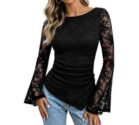 Lace Long Sleeve Top for Women Ruched Asymmetrical Hem Bell Sleeve (Black,Grand)