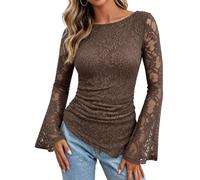 Lace Long Sleeve Top for Women Ruched Asymmetrical Hem Bell Sleeve (Brown,S)
