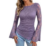 Lace Long Sleeve Top for Women Ruched Asymmetrical Hem Bell Sleeve (Purple,S)