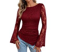 Lace Long Sleeve Top for Women Ruched Asymmetrical Hem Bell Sleeve (Red,Grand)