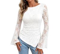 Lace Long Sleeve Top for Women Ruched Asymmetrical Hem Bell Sleeve (White,M)
