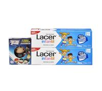 LACER JUNIOR Duplo Gel dentaire pour enfant 75 ml avec figurine de la Ligue des justices, pour enfants de 6 mois à 6 ans, prévient la carie, formule fluor plus calcium, prend soin des dents de lait