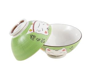 lachineuse - 2 Bols à Soupe ou à Ramen - Design Maneki Neko - Duo Vert - Bols Multi-Usage - Porcelaine - Décoration Japonaise - Idée Cadeau Japon Asie