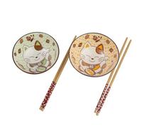 lachineuse - 2 Bols Maneki Neko - Coffret Bols à Riz, Petit Déjeuner, Soupe - Duo Gourmand Vert et Orange - Porcelaine - Avec Baguettes - Chat Porte Bonheur - Cadeau Japonais - Déco Kawaii Japon