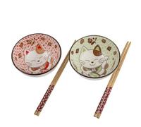 lachineuse - 2 Bols Maneki Neko - Coffret Bols à Riz, Petit Déjeuner, Soupe - Duo Gourmand Vert et Rouge - Porcelaine - Avec Baguettes - Chat Porte Bonheur - Cadeau Japonais - Déco Kawaii Japon