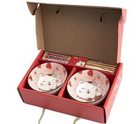 Lachineuse - 2 Bols Maneki Neko - Coffret Bols à Riz, Petit Déjeuner & Soupe - Vaisselle Japonaise en Porcelaine - Avec Baguettes - Chat Porte Bonheur - Cadeau Japonais - Déco Kawaii Japon