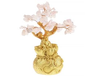 lachineuse - Arbre Feng Shui en Quartz Rose - Arbre de Fortune 17 cm - Décoration Asiatique Japonais - Arbre de Fortune avec Support Doré - Déco Asiatique Pierres Précieuses - Objet Japonais Zen