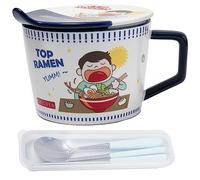 lachineuse BOL à NOUILLES DESIGN KAWAII - BLEU - 950 ML - Avec Set de Couverts