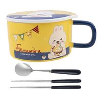 lachineuse - Bol à Nouilles Instantanées - Bol à Ramen Asiatique - Porcelaine - Motif Lapin - 1000 ML - Couvercle & Couverts - Petit-Déjeuner, Soupe, Riz - Idée Cadeau Asie Japon Chine - Jaune