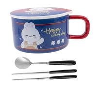 lachineuse - Bol à Nouilles Instantanées - Bol à Ramen Asiatique - Porcelaine - Motif Lapin - 1000 ML - Couvercle & Couverts - Petit-Déjeuner, Soupe, Riz - Idée Cadeau Asie Japon Chine - Bleu Foncé