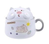 lachineuse - Bol à Ramen Asiatique - Porcelaine - Motif Cochon Gris - 1020 ML - Avec Couvercle & Couverts - Bol Petit-Déjeuner, Soupe, Riz, Nouilles Instantanées - Idée Cadeau Asiatique Japon Chine