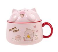 lachineuse - Bol à Ramen Asiatique - Porcelaine - Motif Cochon Rose - 1020 ML - Avec Couvercle & Couverts - Bol Petit-Déjeuner, Soupe, Riz, Nouilles Instantanées - Idée Cadeau Asiatique Japon Chine