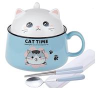 lachineuse - Bol à Ramen Japonais avec Couvercle - Bol Chat Kawaii - Bol Nouilles Instantanées & Petit-Déjeuner - Avec Couverts - Idée Cadeau Anime Japon - Bol Chinois Enfant Adulte - Coloris Bleu