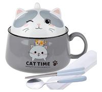 lachineuse - Bol à Ramen Japonais avec Couvercle - Bol Chat Kawaii - Bol Nouilles Instantanées & Petit-Déjeuner - Avec Couverts - Idée Cadeau Anime Japon - Bol Chinois Enfant Adulte - Coloris Gris