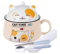 lachineuse - Bol à Ramen Japonais avec Couvercle - Bol Chat Kawaii - Bol Nouilles Instantanées & Petit-Déjeuner - Avec Couverts - Idée Cadeau Anime Japon - Bol Chinois Enfant Adulte - Coloris Jaune