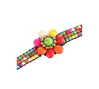 lachineuse - Bracelet Tibétain - Bandeau Fleur - Porte-Bonheur - Perles Multicolore - Fermoir à Grelots - Céramique, Métal, Coton - Longueur 18 cm - Pochette Cadeau Offerte - Noel Anniversaire