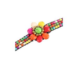 lachineuse - Bracelet Tibétain - Bandeau Fleur - Porte-Bonheur - Perles Multicolore - Fermoir à Grelots - Céramique, Métal, Coton - Longueur 18 cm - Pochette Cadeau Offerte - Noel Anniversaire