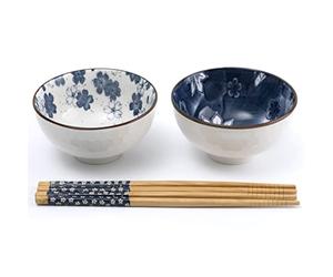 lachineuse - Coffret 2 Bols à riz asiatique - Motif Floral Bleu ⌀ 11cm | Bols à Riz, Petit Déjeuner, Apéritif & Soupe - 2 Paires de Baguettes - Bol Asiatique Japonais Asie