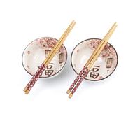 lachineuse - Coffret 2 Bols à Riz Nippons - Design Idéogramme Bonheur - Duo Floral Sakura- Accompagnés de 2 Paires de Baguettes - Plaisir Gourmand - Décoration Japonaise - Idée Cadeau Japon Asie